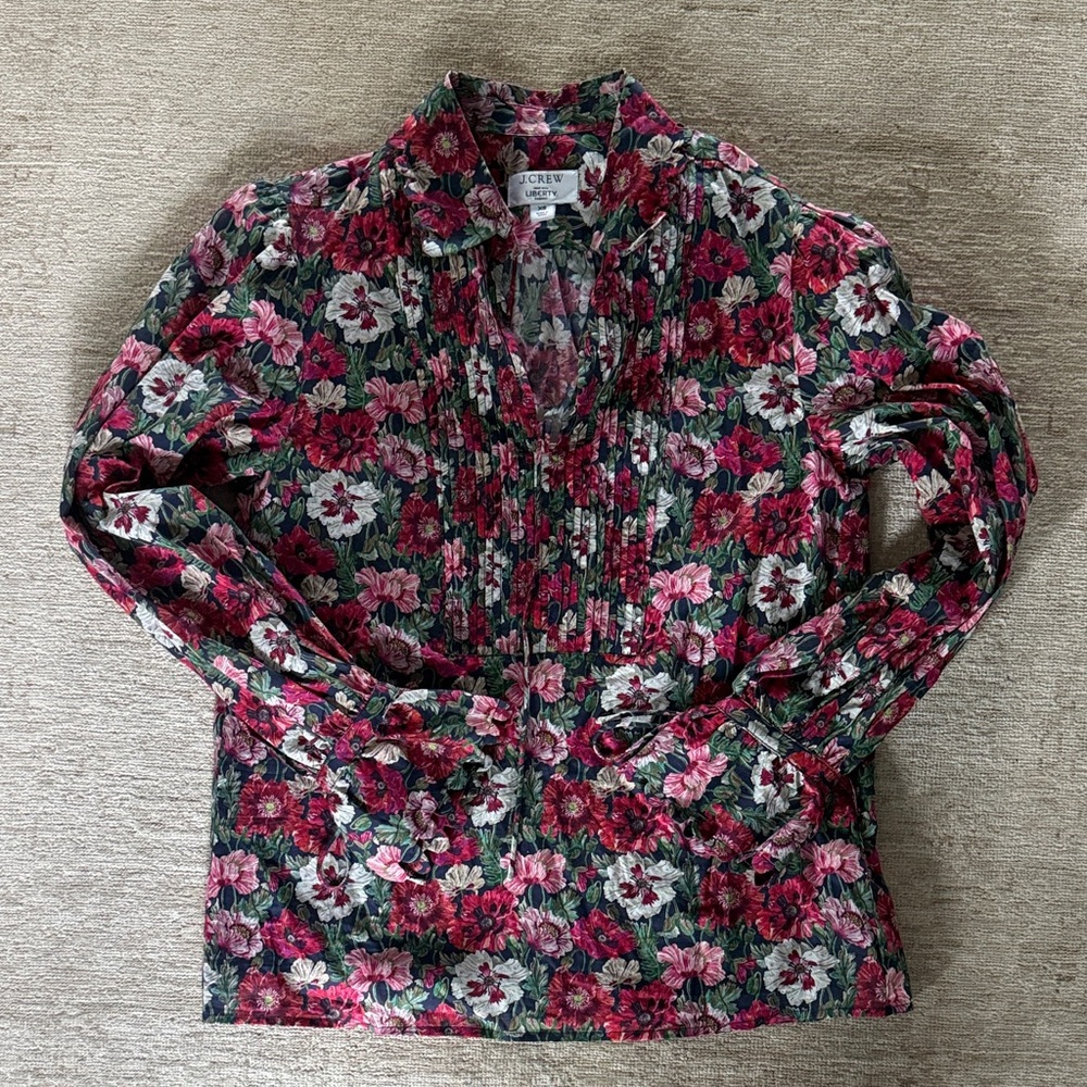 J. Crew Floral Pintuck Button-Up Blouse — Burgundy, Pink & Green